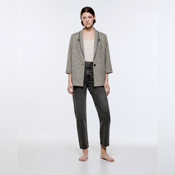San Bo Jackets & Blazers - VINTAGE - San Bo Tweed Wool-Blend Jacket with Faux Leather Trim